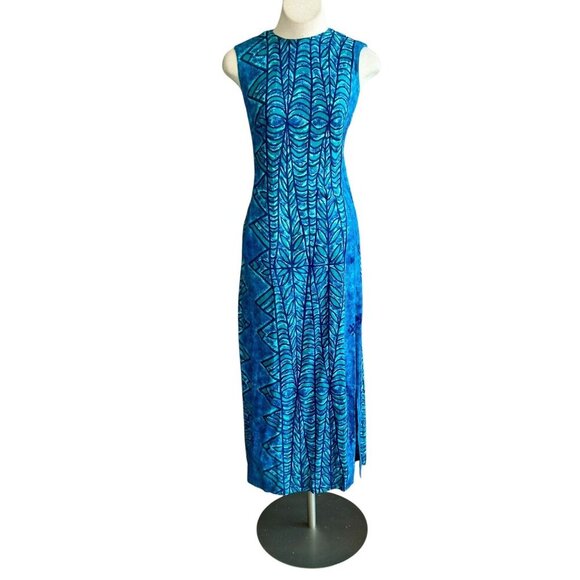 Kiyomi of Hawaii Iolani Vintage Hawaiian Blue Leaf Print Barkcloth Maxi Dress - Picture 2 of 9
